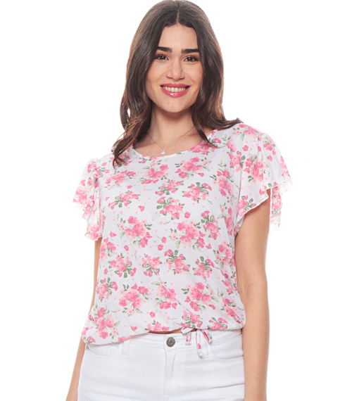 POLERA MANGA CORTA ESTAMPADA ESCOTE REDONDO AMARRA EN CINTURA