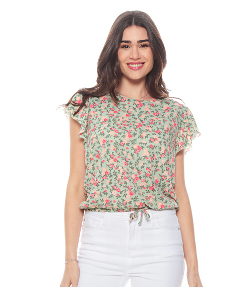 POLERA MANGA CORTA ESTAMPADA ESCOTE REDONDO AMARRA EN CINTURA