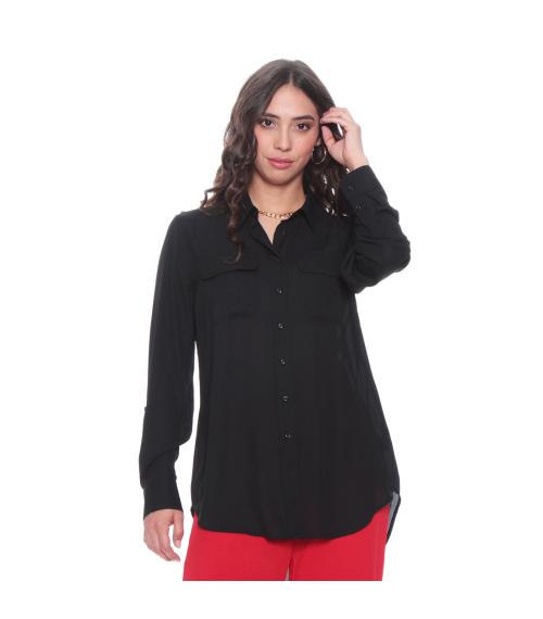 BLUSA MANGA LARGA ABOTONADA EN DELANTERO Y BOLSILLOS CON TAPETA