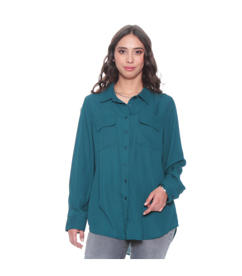 BLUSA MANGA LARGA ABOTONADA EN DELANTERO Y BOLSILLOS CON TAPETA