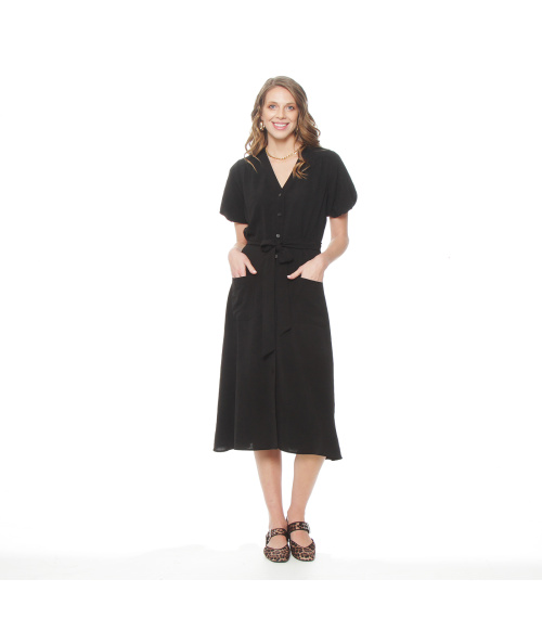 VESTIDO MANGA CORTA SOLIDO ESCOTE V CON LAZO EN CINTURA Y BOLSILLOS