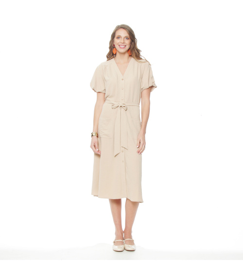 VESTIDO MANGA CORTA SOLIDO ESCOTE V CON LAZO EN CINTURA Y BOLSILLOS