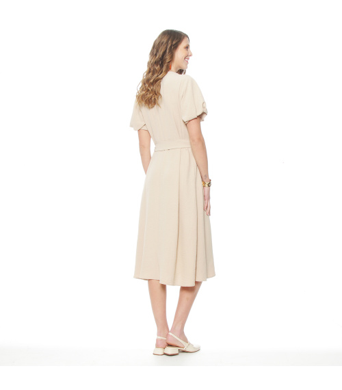 VESTIDO MANGA CORTA SOLIDO ESCOTE V CON LAZO EN CINTURA Y BOLSILLOS