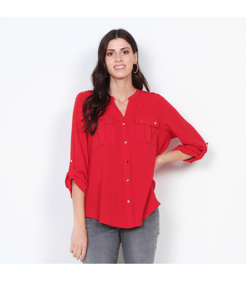 BLUSA MANGA LARGA SOLIDA CON CUELLO MAO Y BOLSILLOS