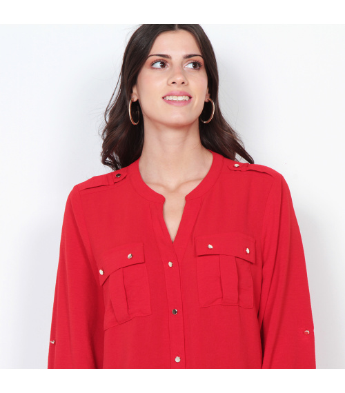 BLUSA MANGA LARGA SOLIDA CON CUELLO MAO Y BOLSILLOS