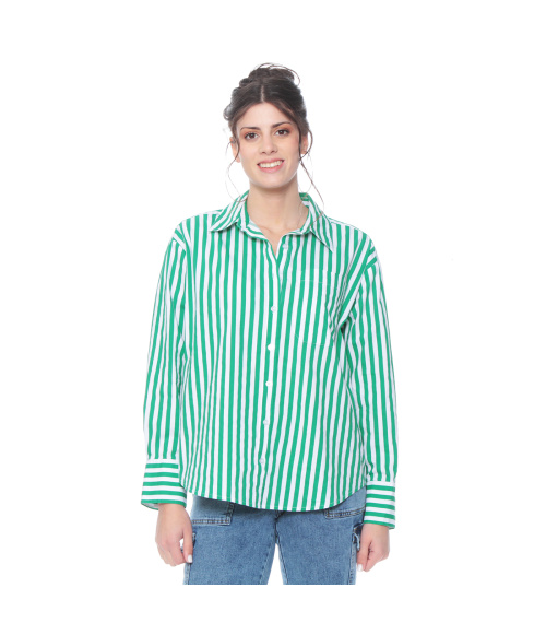 BLUSA MANGA LARGA LISTADA ABOTONADA EN DELANTERO Y BOLSILLO