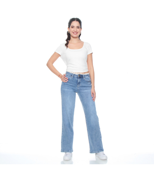 JEANS WIDE LEG TIRO MEDIO PRETINA BASICA 1 BOTON CON APLICACION EN PRE