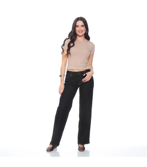 JEANS WIDE LEG CUFFED TIRO ALTO PRETINA BASICA 1 BOTON