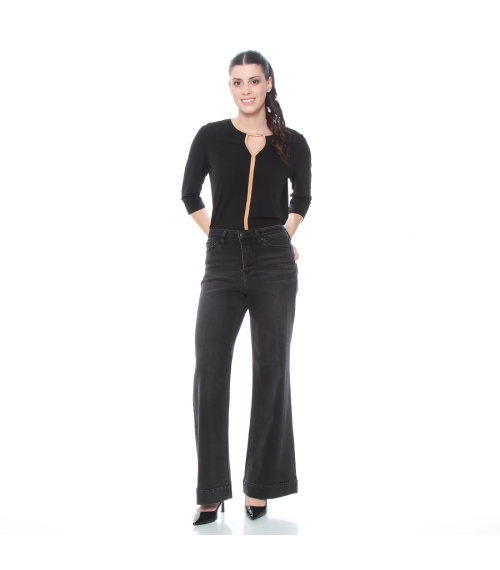 JEANS WIDE LEG TIRO ALTO PRETINA BASICA 1 BOTON