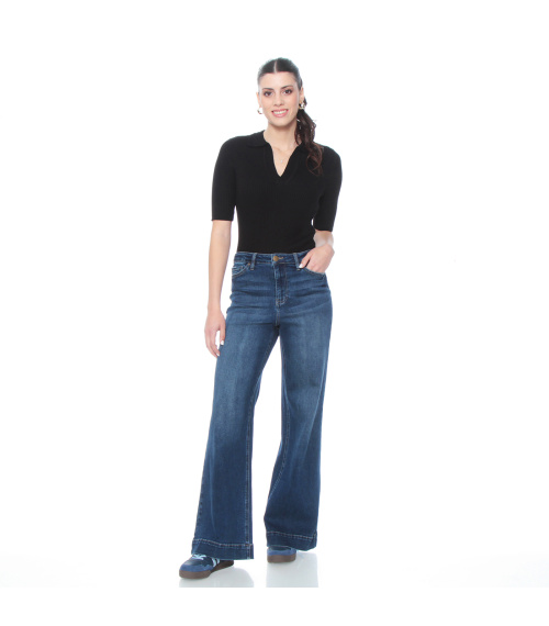 JEANS WIDE LEG TIRO ALTO PRETINA BASICA 1 BOTON