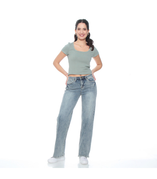 JEANS WIDE LEG TIRO MEDIO PRETINA BASICA 1 BOTON