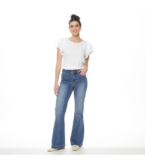 JEANS FLARE TIRO ALTO PRETINA BASICA 1 BOTON