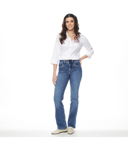 JEANS RECTO TIRO ALTO  PRETINA BASICA 1 BOTON PUSH IN PUSH UP
