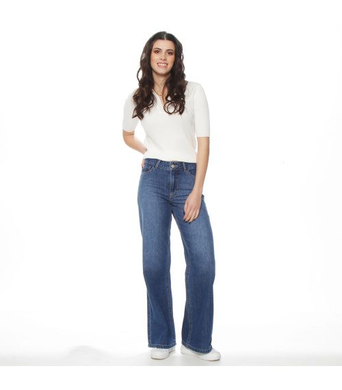 JEANS WIDE LEG TIRO ALTO PRETINA BASICA 1 BOTON