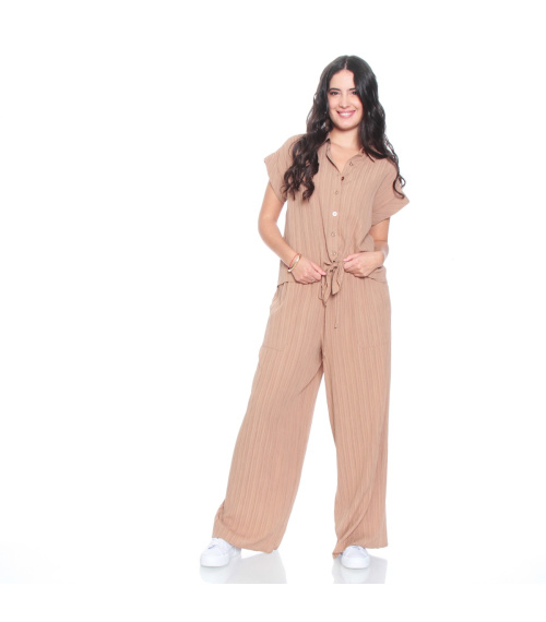 BLUSA MANGA CORTA SOLIDA Y PANTALON WIDE LEG TIRO ALTO PRETINA BASICA ELASTICADA
