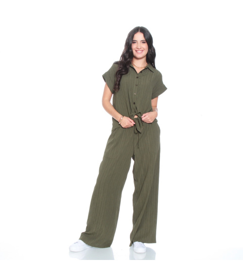BLUSA MANGA CORTA SOLIDA Y PANTALON WIDE LEG TIRO ALTO PRETINA BASICA ELASTICADA
