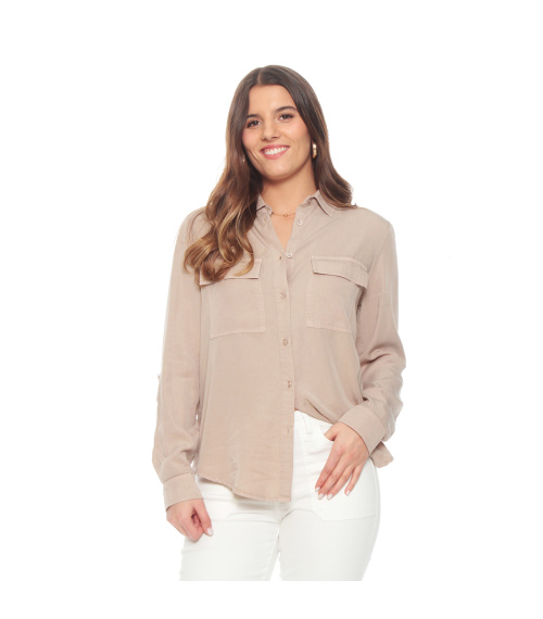 BLUSA MANGA LARGA AJUSTABLE LYOCELL CUELLO CAMISERO CON BOLSILLOS