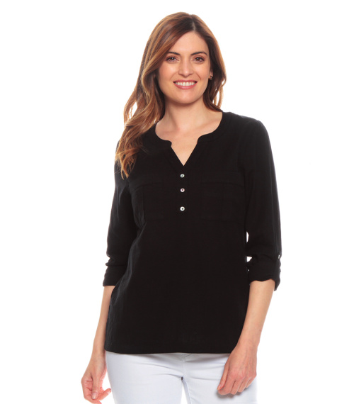 BLUSA MANGA LARGA AJUSTABLE LINO SOLIDA  ESCOTE V CON BOTONES