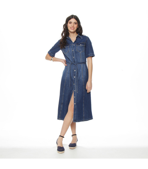VESTIDO MANGA CORTA DENIM ABOTONADO EN DELANTERO Y LAZO EN  CINTURA