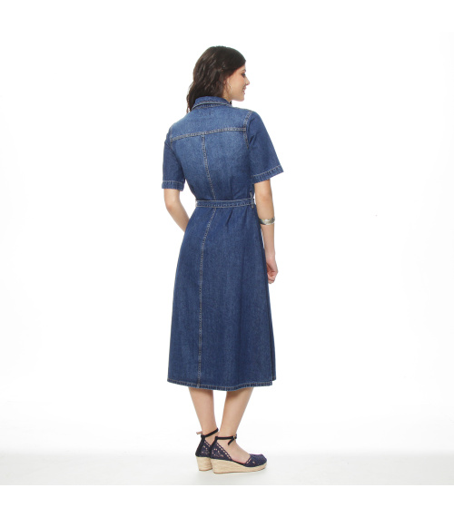 VESTIDO MANGA CORTA DENIM ABOTONADO EN DELANTERO Y LAZO EN  CINTURA
