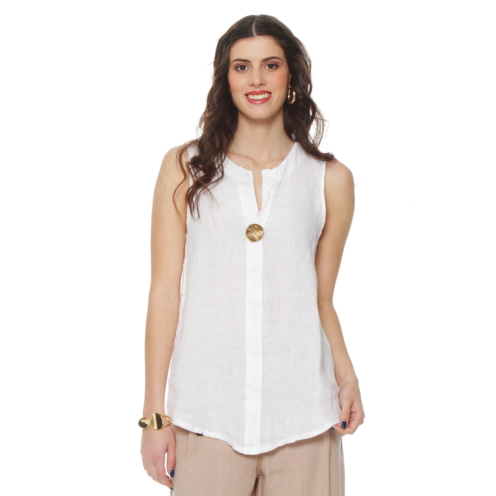 BLUSA SIN MANGA LINO ESCOTE V BOTON