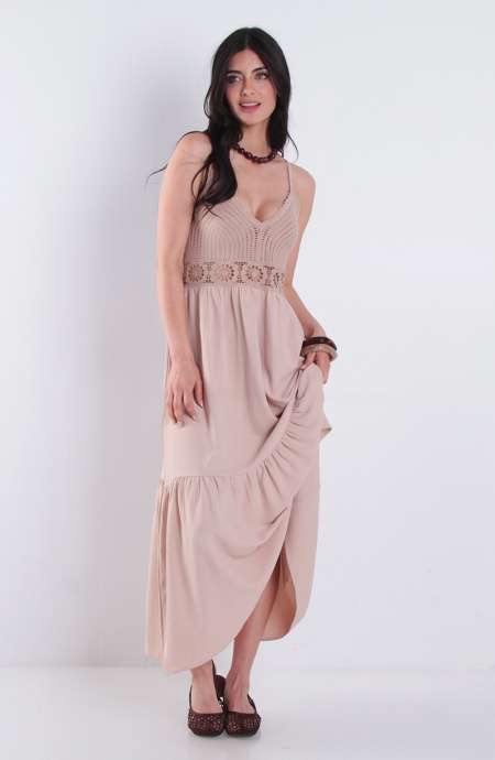Vestido Largo Sin Manga Busto Tejido Con Cintura Elasticada