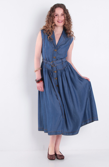 Vestido Tencel Sin Manga Abotonado En Delantero Y Cinturon