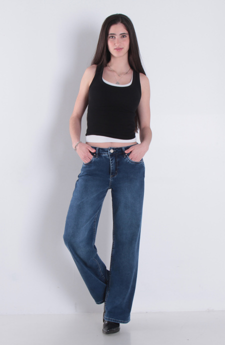 Jeans Wide Leg Tiro Alto Pretina Basica 1 Boton