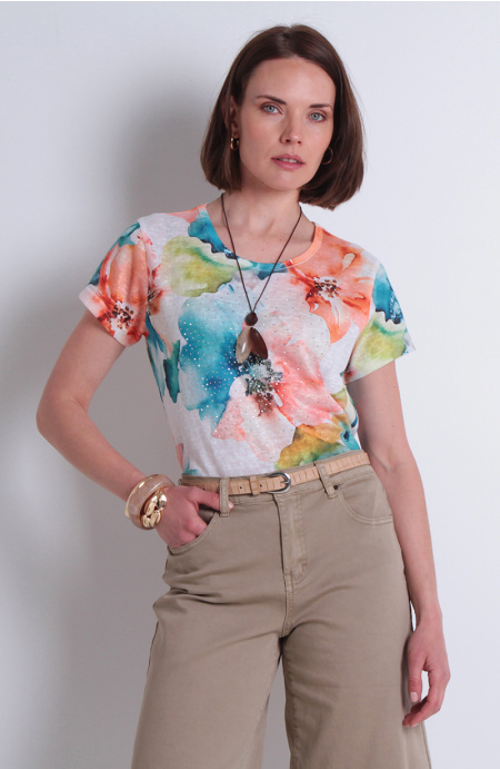 Polera Sublimada Con Strass Manga Corta Escote Redondo
