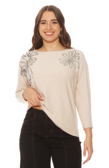 Sweater Manga 3/4  Bordado Escote Redondo