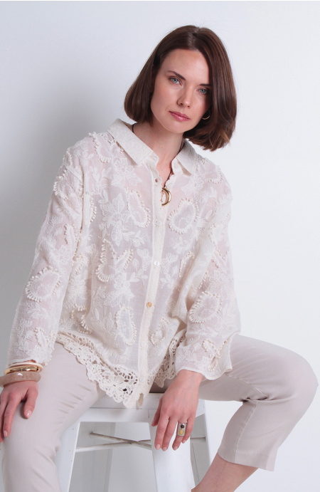 Blusa Brodery Manga 3/4 Abotonada En Delantero