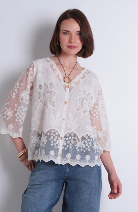 Blusa Embroidery Manga Corta Abotonada En Delantero Escote V