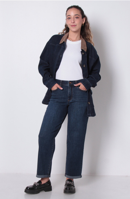 JEANS RECTO ROLL UP TIRO ALTO PRETINA BASICA  1 BOTON