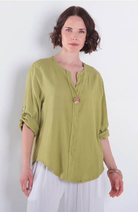 Blusa Lino Manga 3/4 Escote V Con 1 Boton