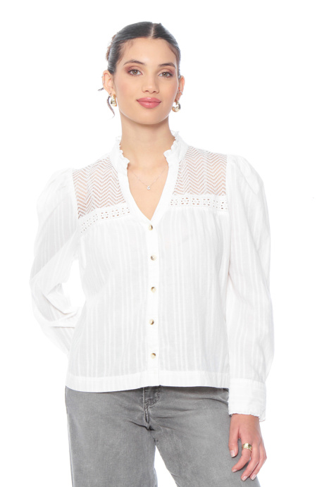 Blusa Manga Larga Brodery Abotonada En Delantero Y Aplicacion