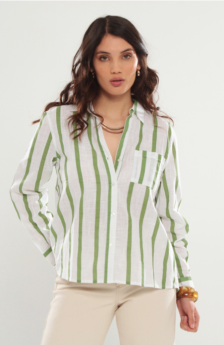 Blusa Listada Manga Larga Abotonada En Delantero