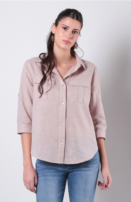 Blusa Manga 3/4 Abotonada En El Delantero Y Bolsillos