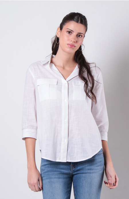 Blusa Manga 3/4 Abotonada En El Delantero Y Bolsillos
