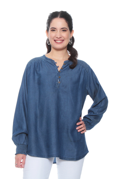 Blusa Manga Larga Tencel Cuello Mao Con Aplicacion En Hombros