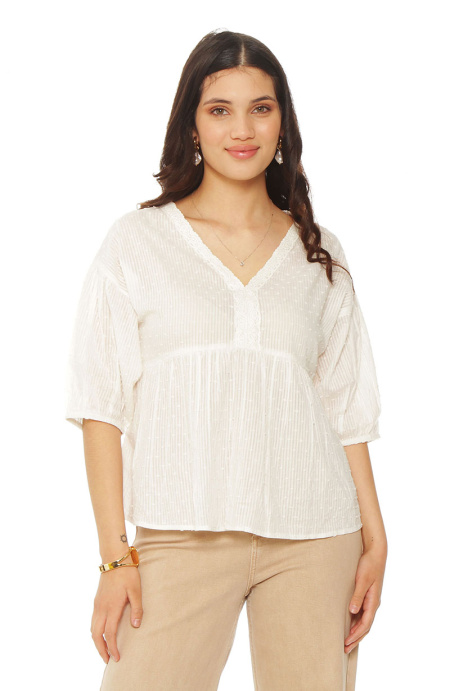 Blusa Manga Corta Brodery Escote V