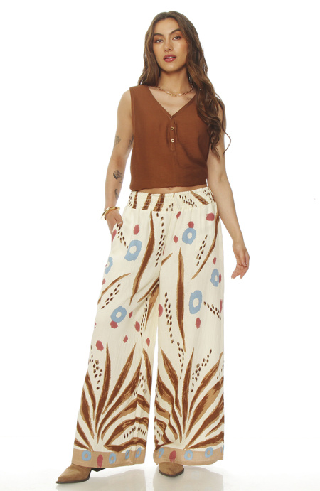 Pantalon Wide Leg Estampado Tiro Alto Pretina Elasticada