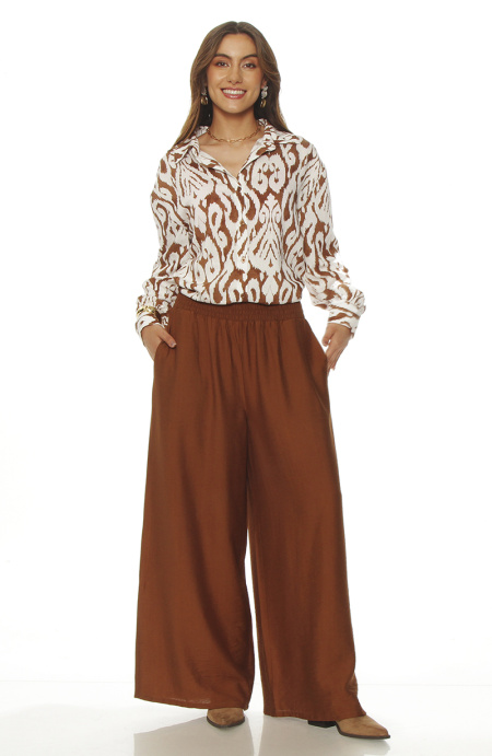 Pantalon Wide Leg Tiro Alto Pretina Ancha Elasticada