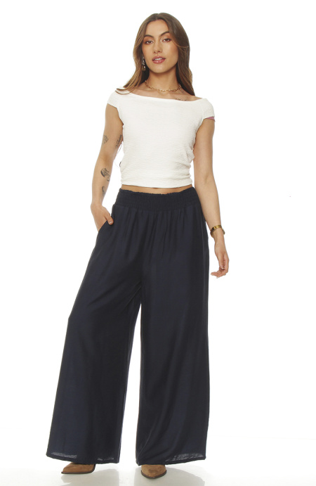 Pantalon Wide Leg Tiro Alto Pretina Ancha Elasticada