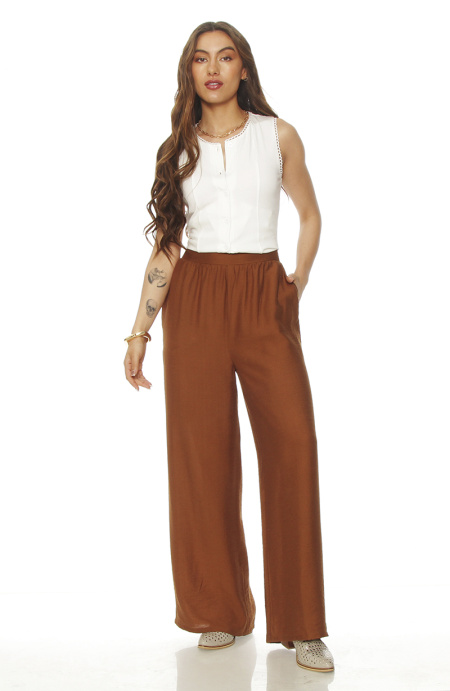 Pantalon Wide Leg Tiro Alto Con Pretina Elasticada Y Bolsillos