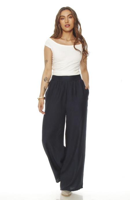 Pantalon Wide Leg Tiro Alto Con Pretina Elasticada Y Bolsillos