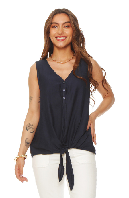 Blusa Sin Manga Abotonada En Delantero Escote V Y Nudo En Ruedo