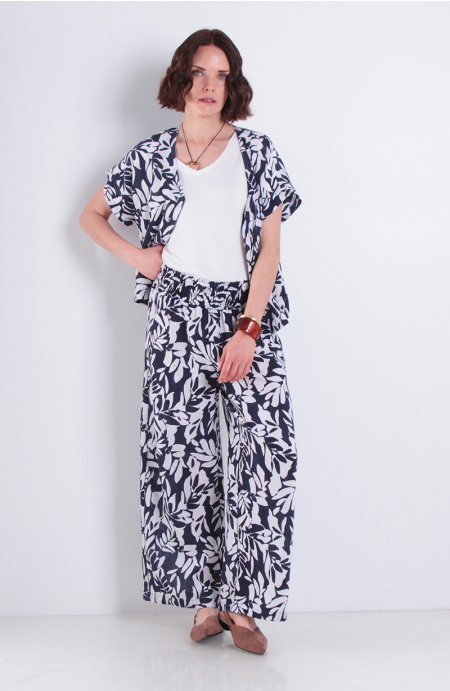 Pantalon Estampado Wide Leg Tiro Alto Pretina Elasticada