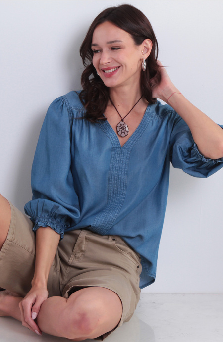 Blusa Lyocell Manga 3/4 Escote V Con Puno De Manga Elasticado