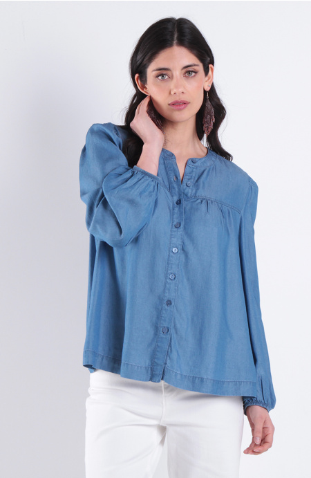 Blusa Manga Larga Lyocell Escote Redondo Abotonda En Delantero