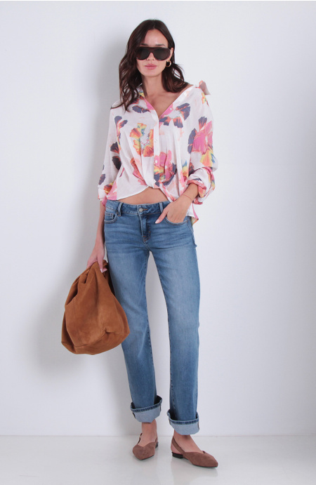Blusa Estampada  Manga Larga Abotonada En Delantero Cruzada En Ruedo